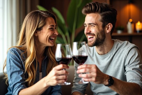 Cheerful Young Couple Toasting with Wine in a Cozy Home Setting - Powered by Adobe