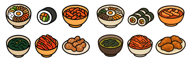 Delicious and popular Korean food dishes including bibimbap, kimbap, tteokbokki, kimchi, and crispy fried chicken