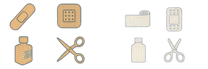 Collection of essential first aid supplies including bandages, medical tape, bottles, and scissors for healthcare