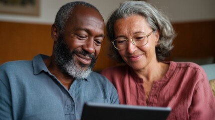An elderly couple sharing a moment, looking at photos together on a laptop screen, with a warm smile between them.