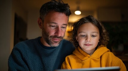 This image shows an adult couple and a child sitting together, looking at a laptop screen with content that appears to be educational or informative in nature.
