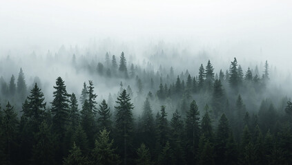 Misty pine forest landscape in the mountains