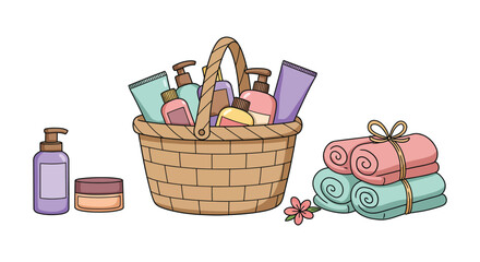 basket filled with toiletries and rolled towels beside flower