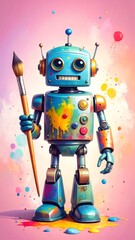 Colorful robot holding paintbrush