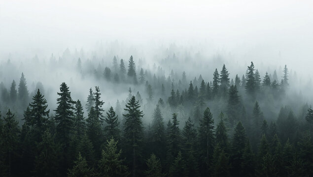 Misty pine forest landscape in the mountains