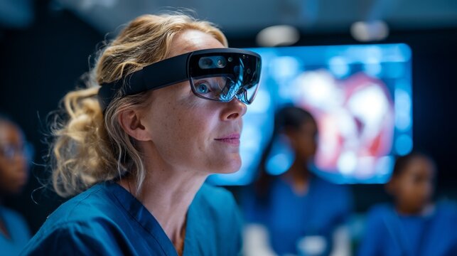 A female nurse wearing a virtual reality headset in a hospital setting.