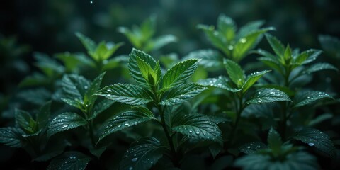 Ethereal Mint Drama  Dark and intense Photograph of Mint with Water Dew, Artistic Photo Effect