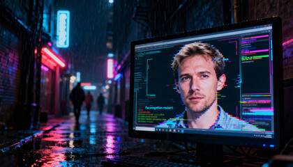 Deepfake AI technology creating a fake digital identity. Facial recognition scam and cybercrime concept. Hacker creating a fraudulent face on a computer in a rainy cyberpunk city.