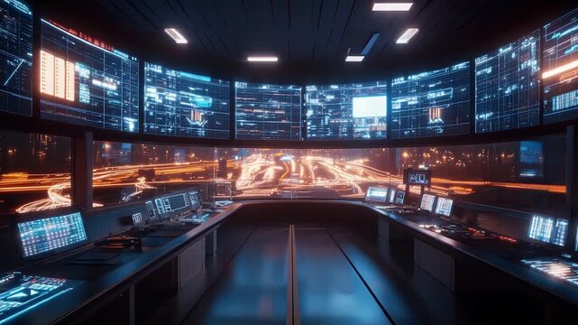 High-tech control room with glowing screens at night