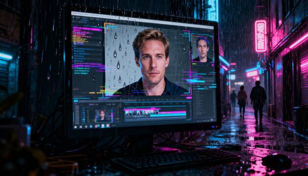 Deepfake AI technology creating a fake identity. Concept of digital fraud, cybercrime, and information manipulation on a computer screen. Rainy night in a futuristic cyberpunk city.