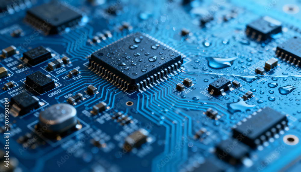 Poster detailed macro view of a wet high-tech circuit board. waterproof electronics concept. blue pcb with 