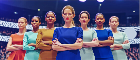 Diverse female basketball team standing in line serious expressions professional arena background sports concept photo with empty copy space