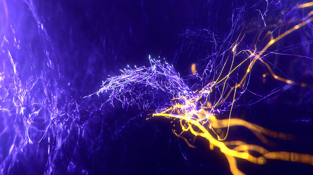 Abstract neural network visualization with glowing blue and yellow filaments against a dark background
