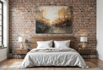 Home Painting Mockup  Bedroom Interior, Brick Wall, Wooden Accents, Abstract Art, Canvas Mockup, Modern Rustic, House Wall Mockup.