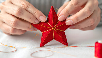 Crafting Christmas: Hands Sewing a Red Star Ornament with Golden Thread