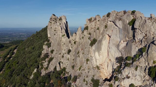 Aerial flyover above the Dentelles de Montmirail in Provence France at Le Mont Ventoux