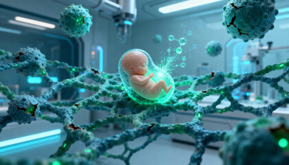 Embryonic stem cell research abstract medical illustration. Fetus in an artificial womb. Concept for genetic engineering, cloning, IVF, biotechnology, and regenerative medicine.
