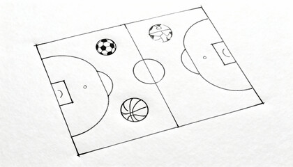 Hand-drawn strategy game plan for football, basketball, and volleyball. Soccer tactics on a sketched field. Coaching diagram for team sport competition and championship.