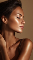 Fototapeta premium Glowing tanned woman with smooth skin and closed eyes showing natural beauty and healthy complexion in warm light