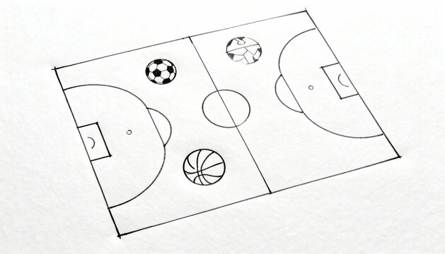 Hand-drawn strategy game plan for football, basketball, and volleyball. Soccer tactics on a sketched field. Coaching diagram for team sport competition and championship.