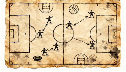 Hand-drawn strategy game plan combining football, soccer, basketball. Coaching tactics on old paper. Concept for teamwork, planning, competition, and complex solutions.