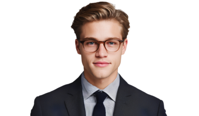  photo of an attractive young businessman wearing a suit and tie, isolated on a transparent background