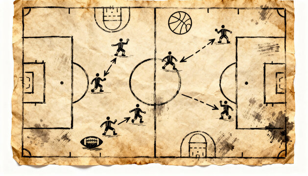 Hand-drawn strategy game plan combining football, soccer, basketball. Coaching tactics on old paper. Concept for teamwork, planning, competition, and complex solutions.