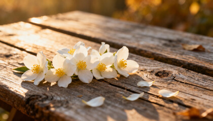 White jasmine flowers on a rustic wooden table at sunset. Beautiful floral background with warm golden light. Concept for aromatherapy, wellness, beauty, and serenity.
