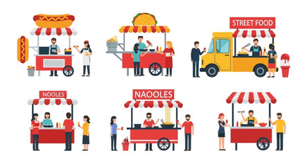 Diverse Street Food Carts and Trucks Illustration.