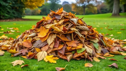 Large pile of fallen autumn leaves on grass