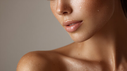Close up of female face and shoulder with natural skin texture and gentle expression under soft lighting