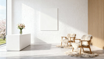 Modern office waiting room with blank frame mockup. Minimalist Japandi interior design with wood furniture, flowers and spring view. Lobby or reception area concept for business.