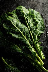 Fresh Green Collard Greens on Dark Background.