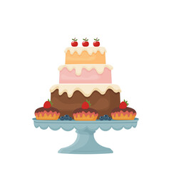Cake with Cherries Vector Illustration Isolated on Transparent Background