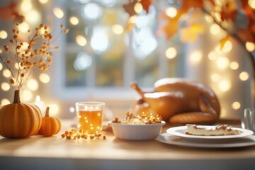 Thanksgiving feast: roasted turkey and autumn decor on a rustic table setting