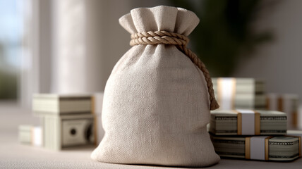 Hyper-detailed wealth background with overflowing money bag of dollars, golden strapped bundles neatly arranged, dramatic lighting with shadows and highlights representing financial growth and securit