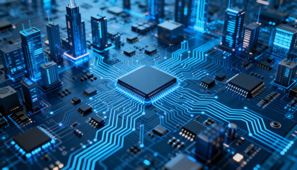 Futuristic city on a circuit board. A metaphor for smart city, big data, AI, and modern technology. Blue glowing electronic components, CPU, and metropolis skyline.