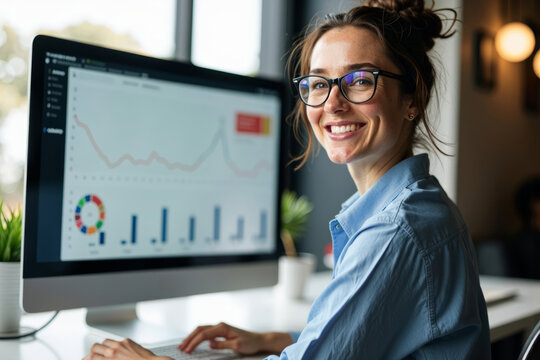 A successful female analyst confidently analyzing business data with a smile while wearing glasses and using a computer dashboard.