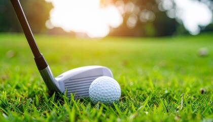 A golf club poised to strike a ball on lush green grass, a detailed close-up perfect for sports design with a backgroundless, isolated, transparent background