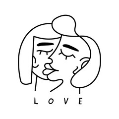 Minimalist Love LGBT Kiss Line Art Vector Illustration.