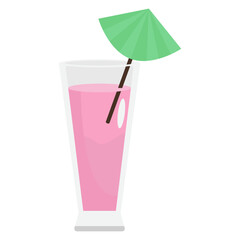 A refreshing pink drink served in a clear glass with a green umbrella on a white background