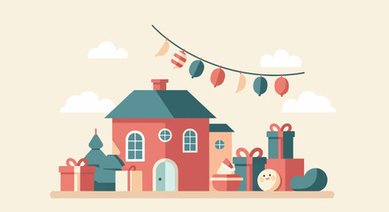 Obraz premium Festive Christmas town scene with a decorated house and gifts.