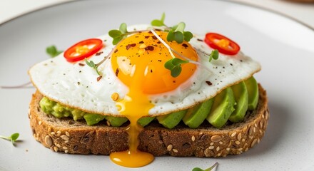 Gourmet avocado toast on whole grain bread with a runny fried egg and chili garnish, a healthy and delicious breakfast
