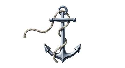Isolated anchor with rope, metal nautical object for ships, fishing boats, maritime symbols