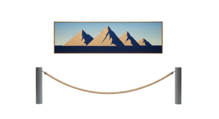 Isolated painting of mountains with rope barrier posts, maintaining a viewing perimeter