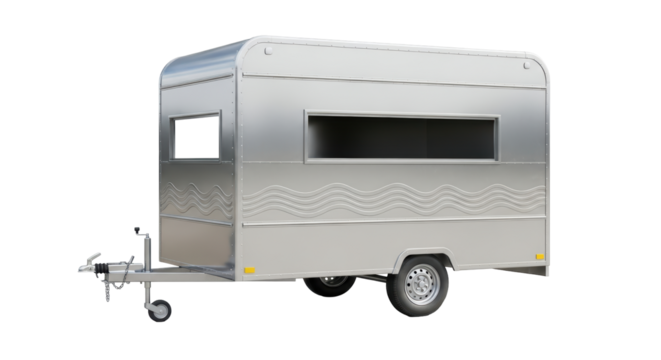Isolated mobile food trailer on a hitch, ready for catering services and street vending
