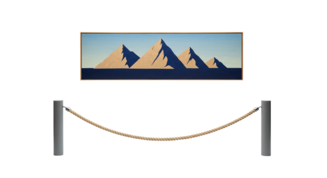 Isolated painting of mountains with rope barrier posts, maintaining a viewing perimeter