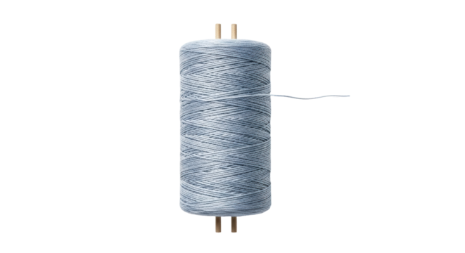 Isolated spool of blue yarn thread on holder for sewing, crafting, or knitting projects