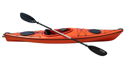 Isolated orange kayak with paddle ready for paddling across water, scenic adventure journey