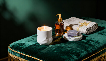 Luxury spa essentials for relaxation and wellness. Natural lavender soap, massage oil, and a lit aromatherapy candle on an elegant green velvet surface for a self-care ritual.
